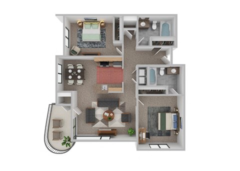 Floor plan for 2 beds, 2 baths, 956 sqft